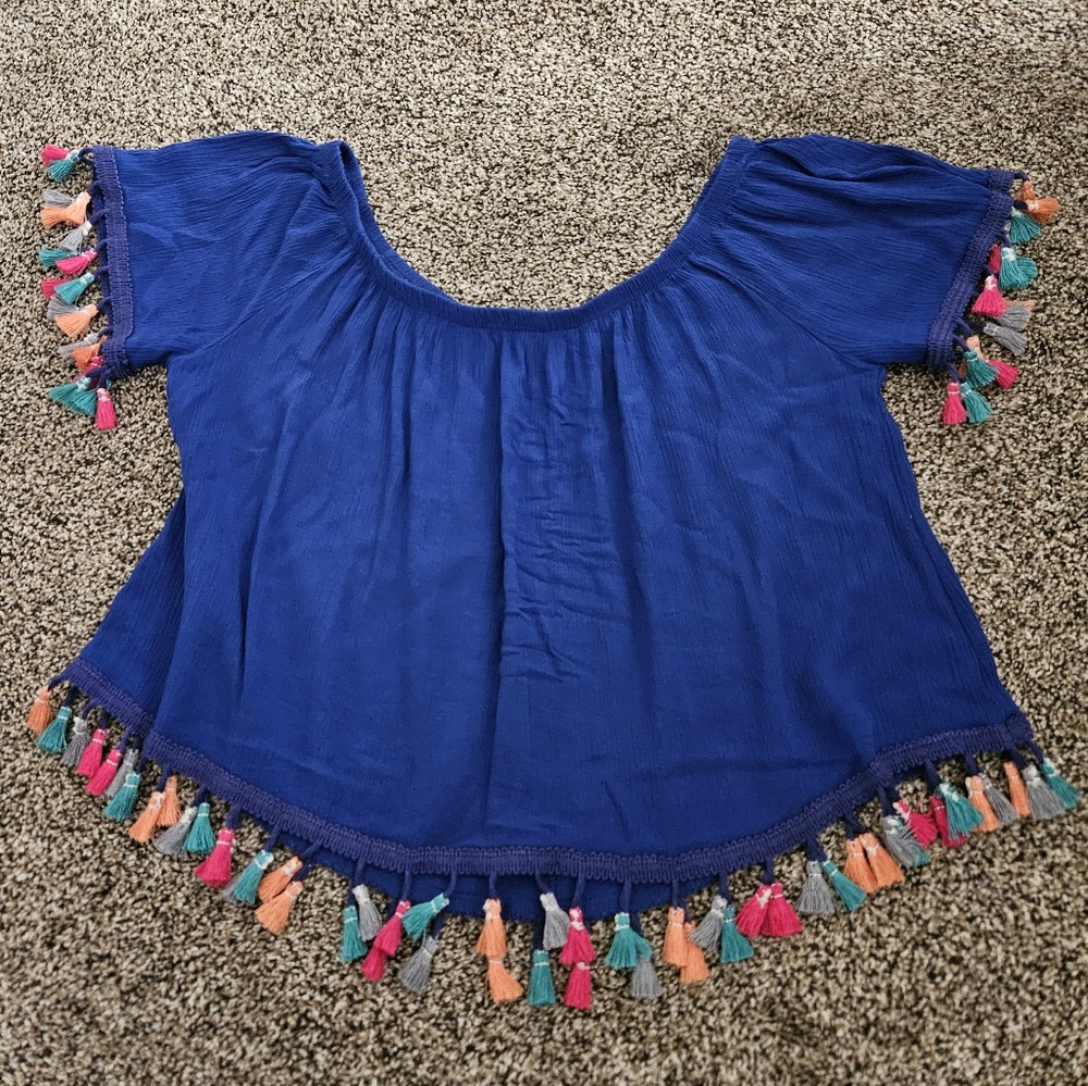 Vibrant Blue Crop Top with Colorful Tassels